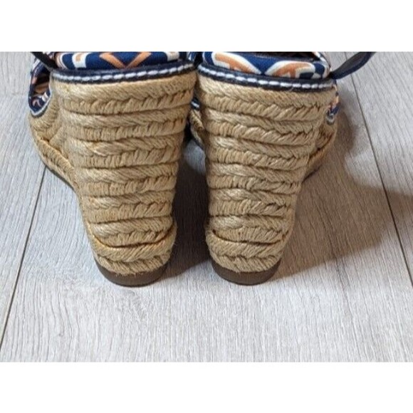 TORY BURCH Orange Blue Canvas Leather Espadrille Criss Cross Strappy Wedge Heels - Picture 4 of 12